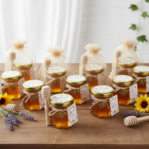 Vista 6 de Adabocute Paquete de 20 mini tarros de miel con gotero, perfectos para regalos de baby shower y recuerdos de boda, incluye etiquetas colgantes