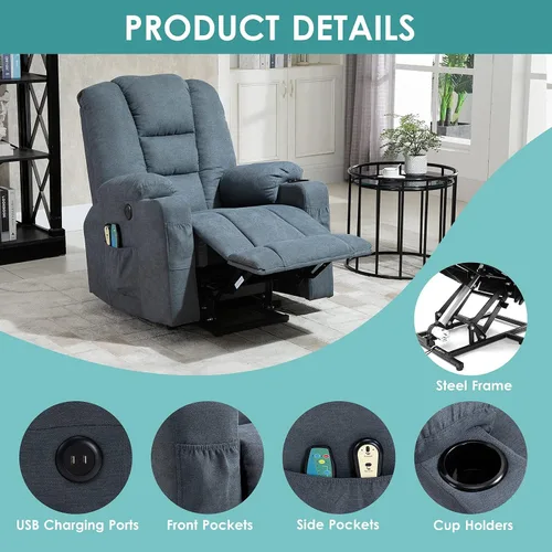 Vista 5 de MEETWARM Silla reclinable eléctrica para personas mayores con calefacción por vibración, masaje de tela suave, con 2 controles remotos, puertos USB
