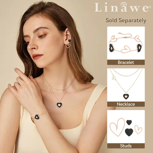 Vista 3 de Linawe Gargantilla en capas con dije de corazón para mujer, moderna, cadena de oroplataoro rosa, collares apilados de acero inoxidable, collar