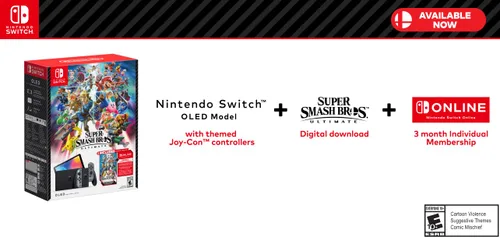 Vista 2 de Nintendo Switch - OLED Model Super Smash Bros. Ultimate Bundle (Full Game Download + 3 Mo. Nintendo Switch Online Membership Included)