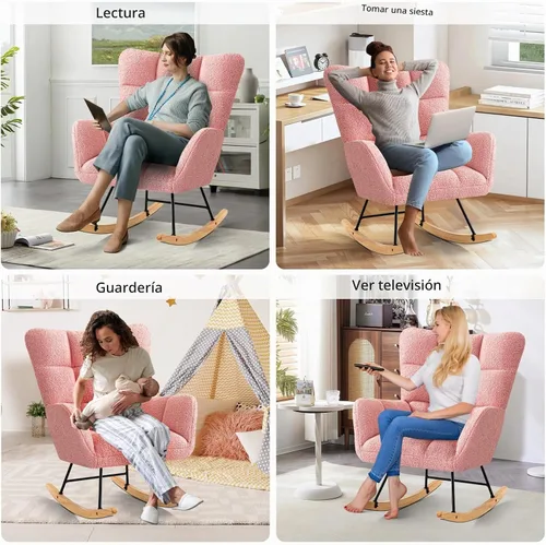 Vista 4 de Furniliving - Mecedora tapizada para cuarto de bebé, silla balancín moderna con asiento acolchado, silla de lectura con respaldo alto y cómoda