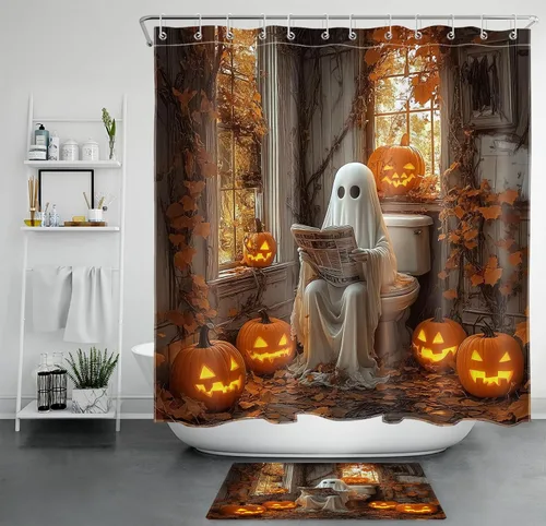 Vista 13 de LB Cortina de ducha de feliz Halloween para baño, flamenco rosa y calabaza naranja con sombrero mágico, cortina de ducha de tela con ganchos, juego