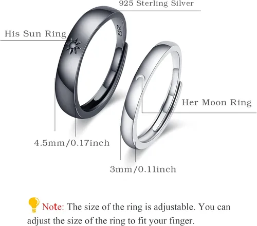 Vista 6 de Juego de 2 anillos de compromiso para parejas de sol y luna, 2 piezas de plata de ley 925, anillos ajustables a juego, anillos de compromiso