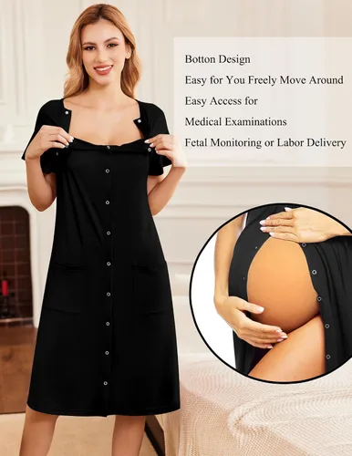 Vista 3 de Ekouaer - Vestido de maternidad 3 en 1 para trabajo de parto/hospital, camisón de lactancia, ropa de dormir para amamantar con botones S-XXL A-Negro