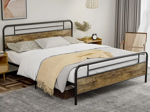 Vista 9 de IKIFLY Base de cama California King con cabecero de madera, cama de plataforma de metal California King, listones de acero resistente