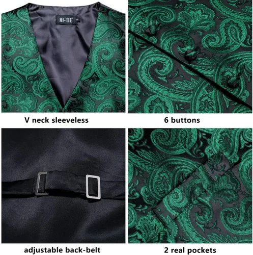 Vista 4 de Hi-Tie Chaleco de traje para hombre, conjunto de corbata con alfiler de solapa o clip de corbata, chaleco de seda, pañuelo para boda, esmoquin formal