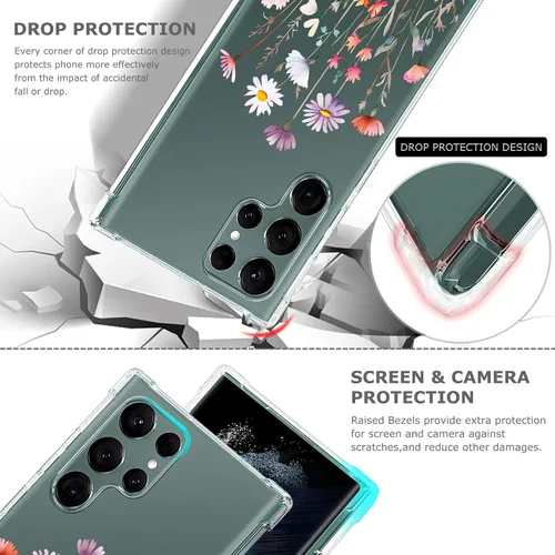 Vista 4 de Funda transparente floral para Galaxy S22 Ultra para mujeres/niñas, bonita funda de teléfono para Samsung Galaxy S22 Ultra 5G, diseño de flores