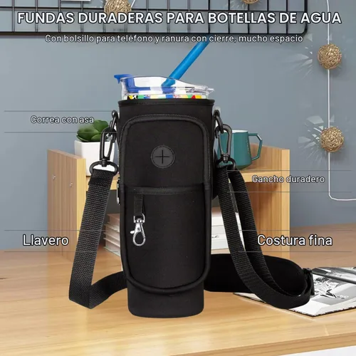 Vista 5 de Soporte para botella de agua con correa para vaso Stanley de 40 onzas con asa, bolsa para botella de agua con bolsillo para teléfono, bolsillo Negro