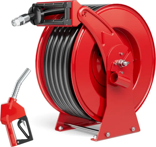 Vista 17 de Carrete de manguera de combustible de 1 pulgada x 33 pies, construcción de acero resistente de 300 PSI con boquilla de reabastecimiento, carrete