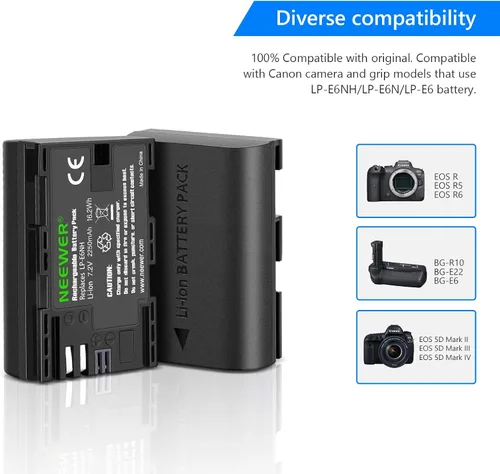 Vista 2 de NEEWER Juego de batería y cargador de repuesto para LP-E6NH, compatible con Canon EOS R7, R5, R6, 5D II, 6D, 7D, 70D, 80D, 90D, 2 baterías de 2250