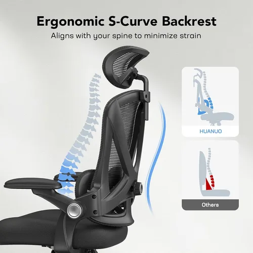 Vista 2 de HUANUO HNOC13 - Silla de oficina ergonómica, silla de escritorio de respaldo alto con soporte lumbar hacia arriba y abajo, reposabrazos abatibles
