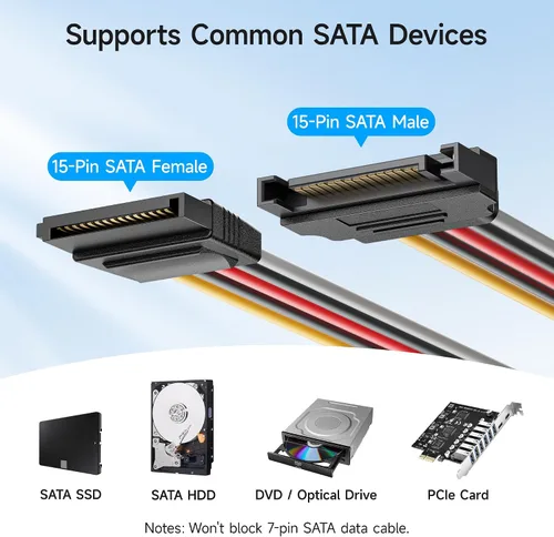 Vista 3 de Cable Matters Paquete de 3 cables de extensión de alimentación SATA de 15 pines, extensión SATA macho a hembra de 8 pulgadas para HDD, SSD, unidad