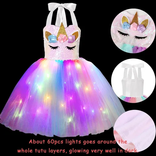 Vista 2 de KAKALVER Unicorn Dress for Girls Unicorn Costume LED Light Up for Dress up Halloween Birthday Party Decoration Unicorn Gifts