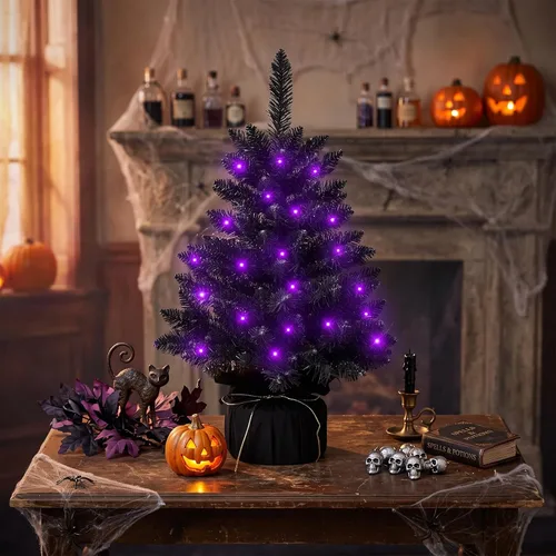 Vista 2 de Árbol de Halloween negro de 2 pies con luces, 50 LED multicolor preiluminado, mini árbol de Navidad artificial morado, árbol de Halloween