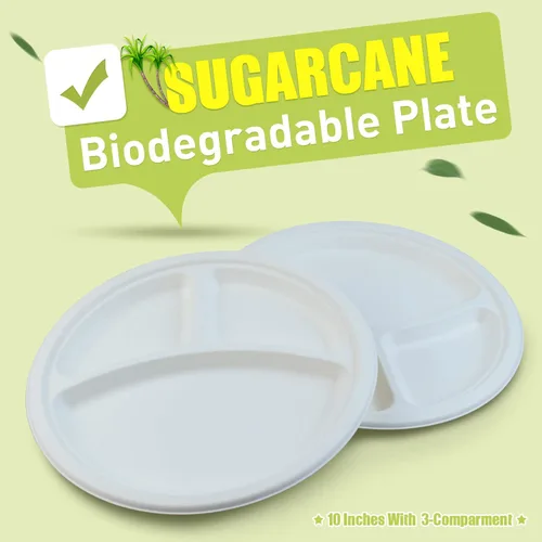 Vista 2 de Green Earth Platos compostables de 10 pulgadas, 500 unidades, 3 compartimentos redondos Bagazo natural, forma redonda desechable biodegradable