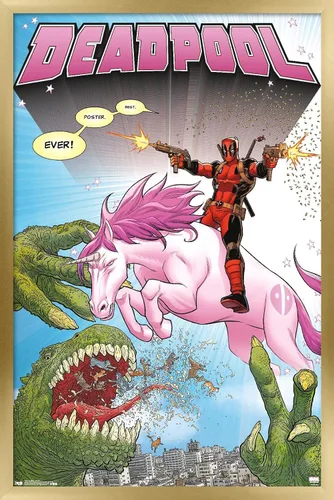 Vista 14 de Marvel Comics Deadpool - Póster de pared de unicornio, 22.4 pulgadas de largo x 14.7 pulgadas de ancho, versión enmarcada de madera de granero