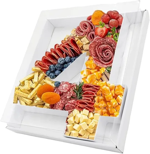 Vista 54 de Bandeja de papel rellenable de 12.5 pulgadas con números y letras de cartón, tablero de charcutería, bandeja para cupcakes dulces, caja decorativa