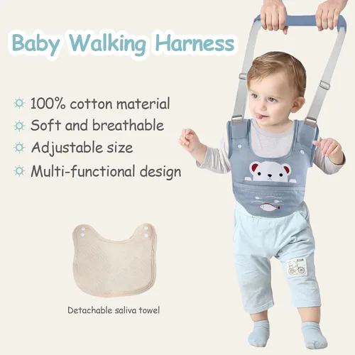 Vista 7 de Arnés de mano para caminar para bebé, cinturón ajustable para niños pequeños, arnés para caminar de pie, ayudante de aprendizaje con entrepierna Azul