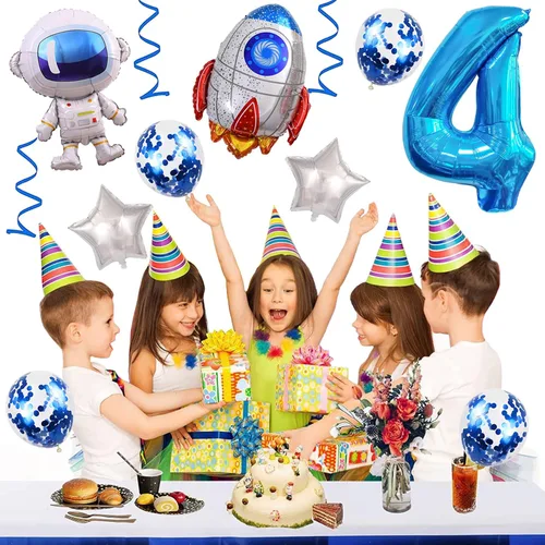 Vista 2 de Globos de cumpleaños de cohete de astronauta, globo de fiesta de espacio exterior, globos gigantes de papel de aluminio de 32 pulgadas, globo azul