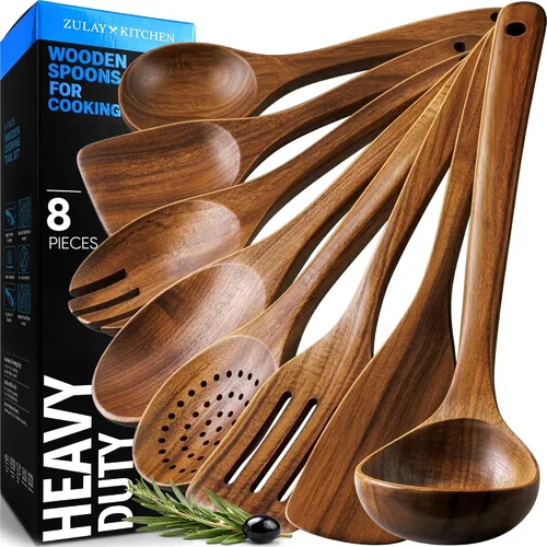 Vista 12 de Zulay Kitchen Juego de 5 cucharas de madera extragrandes - Utensilios de cocina de teca lisa - Cucharón, espátula, espumadera, tenedor, cuchara