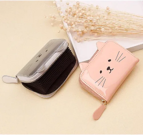 Vista 6 de JIUFENG Cartera para mujer con bloqueo RFID, bonito diseño de gato, con cremallera, multiusos, tarjetero pequeño