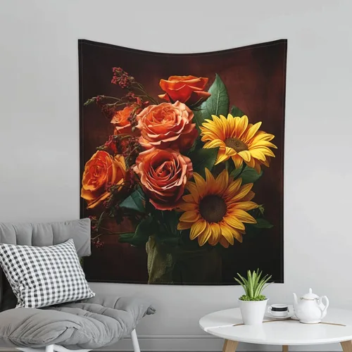 Vista 6 de Dwrepo Tapiz con estampado de girasoles y rosas, colorido y moderno para colgar en la pared, divertidos tapices de pared para decoración del hogar