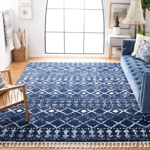 Vista 11 de SAFAVIEH Berber Fringe Shag Collection - Alfombra decorativa de 2 pies 2 pulgadas x 4 pies, color crema y azul, diseño, no desprende pelusa