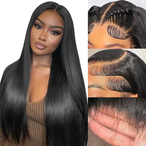Vista 8 de Pelucas de cabello humano lacio prearrancado de 13 x 6 pulgadas, pelucas de cabello humano de densidad 200 HD transparente con encaje frontal