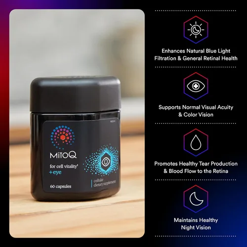 Vista 2 de MitoQ +Eye – Suplemento de salud ocular con luteína y zeaxantina (proporción 5: 1), arándano, corteza de pino marítimo, zinc, mitoquinol Apoya