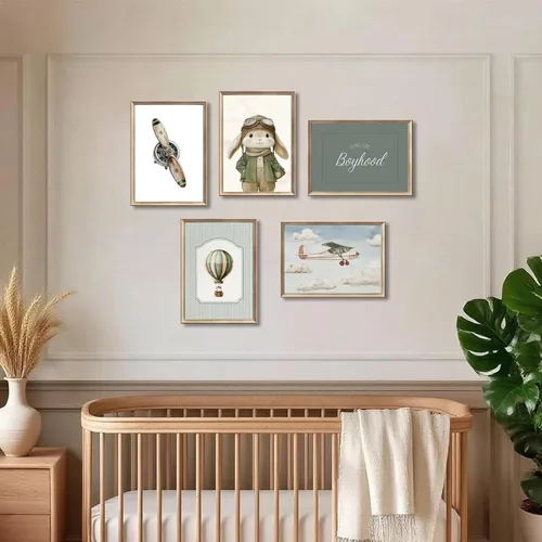 Vista 5 de ONEOLTN Arte de Pared en Lienzo Vintage de Conejito Piloto para Guardería Imágenes Temáticas de Aventura Habitación de Bebé Niño Póster de Avión