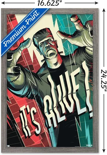 Vista 3 de Frankenstein - Póster de pared It's Alive by César Moreno, 22.4 pulgadas de largo x 14.7 pulgadas de ancho, versión enmarcada en madera de granero