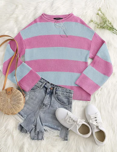 Vista 76 de ZESICA Suéter tejido sin botones de manga larga y cuello redondo, a rayas, bloques de color, cómodo, holgado, talla extragrande para mujer de 2024