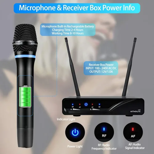 Vista 6 de Micrófono inalámbrico J10 Sistema de karaoke recargable, micrófono inalámbrico de metal UHF de mano con control de graves agudos de volumen y caja