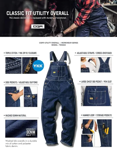 Vista 4 de CQR Overol con peto de ajuste regular para hombre, overol de trabajo duradero, overol utilitario