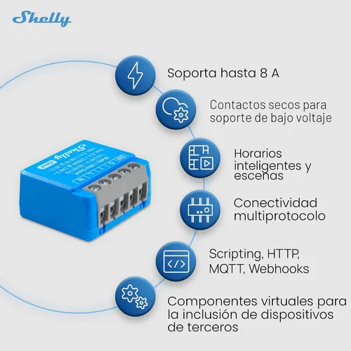 Vista 4 de Shelly 1 Mini Gen4 Interruptor de relé inteligente Wi-Fi, Zigbee y Matter con contactos secos, 1 canal 8A Automatización del hogar Compatible