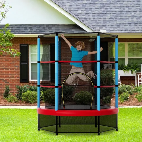 Vista 9 de Goplus Trampolín de 55 pulgadas para niños, cama elástica para niños con red de seguridad, diseño sin costuras, mini rebote recreativo