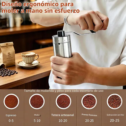 Vista 5 de Molinillo manual de granos de café, 40 ajustes externos ajustables, manivela manual, cuerpo de acero inoxidable, rebaba cónica de cerámica