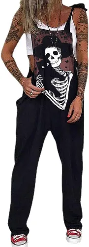 Vista 31 de PAODIKUAI Overol casual con estampado de calavera para mujer, overol suelto con bolsillos