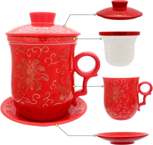 Vista 15 de Taza de té de porcelana con tapa de infusor y juegos de platillos – Taza de café de cerámica china Jingdezhen Taza de té de hoja suelta Sistema