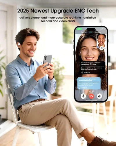 Vista 3 de Auriculares de traducción inalámbricos Bluetooth, intérprete en tiempo real, traductor de idiomas, auriculares con aplicación sin suscripción