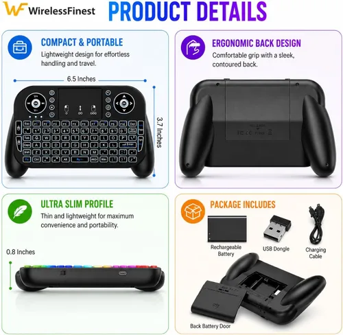 Vista 9 de Mini teclado inalámbrico con panel táctil, Bluetooth + control remoto RF de 2.4 GHz, teclado recargable retroiluminado de 7 colores para Smart TV