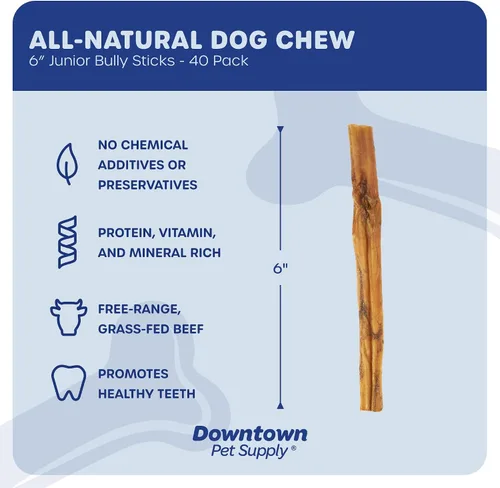 Vista 2 de Downtown Pet Supply Bully Sticks para perros, tamaño junior (6 pulgadas, paquete de 40 unidades) masticables para perros sin cuero crudo de larga