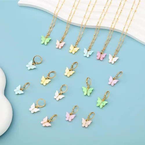 Vista 4 de Sasylvia Juego de 18 aretes de collar de mariposa acrílica, collar con colgante de mariposa acrílica, aretes de mariposa, juego de joyas de mariposa