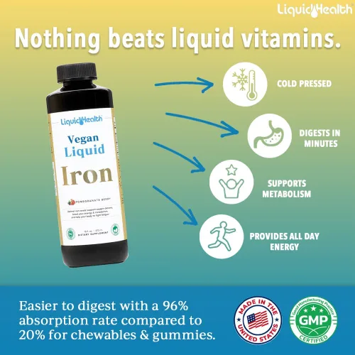 Vista 2 de LIQUIDHEALTH Suplemento vegano de hierro líquido con hierro SunActive y Ferrochel, energía natural, sistema inmunológico y apoyo metabólico, aumenta