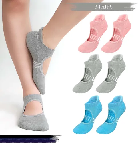 Vista 2 de Hellomamma Calcetines de yoga antideslizantes con agarres, calcetines de pilates y ballet para mujer