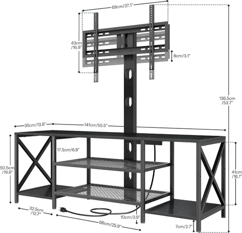 Vista 3 de HOOBRO Soporte de TV con soporte y toma de corriente, centro de entretenimiento LED con soporte giratorio para TV de 32/45/55/60/65/70/75 pulgadas