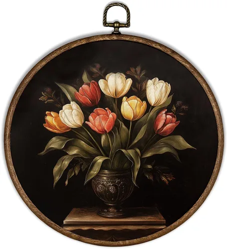 Vista 9 de XBBMGG Dark Academia Moody Arte de Pared Floral, Decoración Colgante de Pared Redonda con Flores Bohemias Oscuras de Otoño, Impresiones en Lienzo
