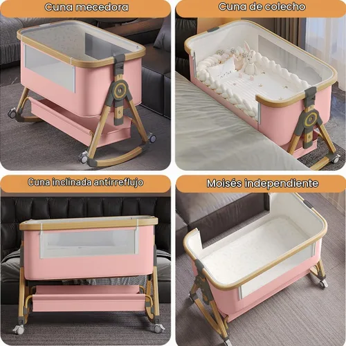 Vista 7 de Baby Bassinet, 4 In 1 Portable Bassinet Bedside Sleeper with Wheels Comfy Mattress and Storage Basket, Moises Para Bebe 6 Adjustable Height Rocking