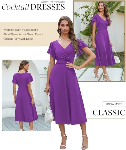 Vista 4 de Dokotoo Vestido de fiesta elegante con cuello en V para mujer, vestido de manga corta, vestido de patinadora, vestidos de invitados de boda