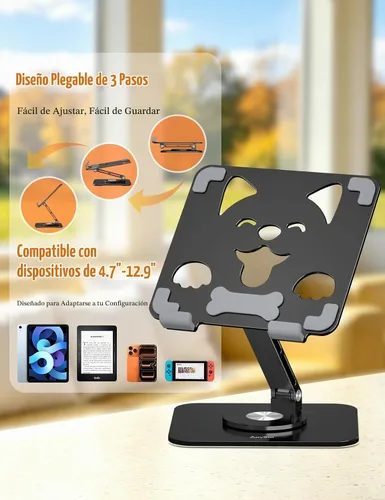 Vista 2 de Aoviho Soporte ajustable para tableta, soporte de aluminio giratorio de 360 Negro